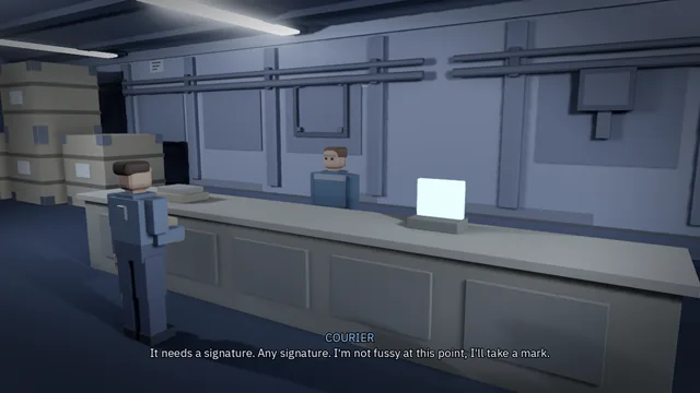 A courier at a long grey counter facing a clerk, under a strip light, crates stacked behind.