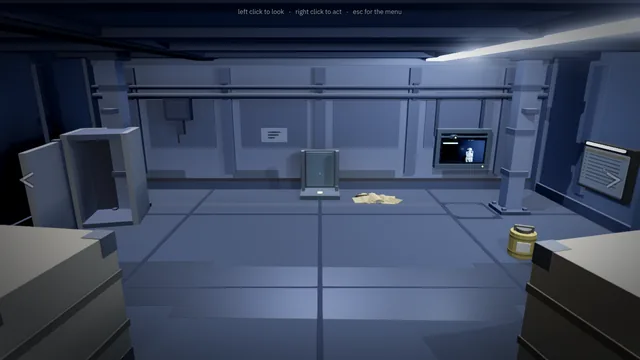 A machinery room with wall panels, a screen and a spill of papers on the floor.