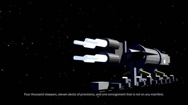 The same ship under way, two engine bells lit white against black.
