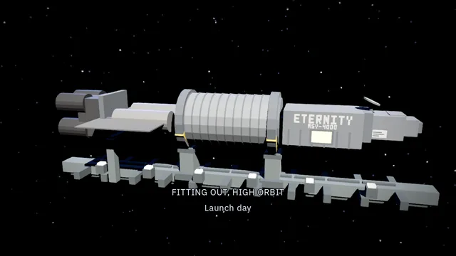 A long colony ship held in a scaffold cradle against a starfield, captioned fitting out, high orbit.