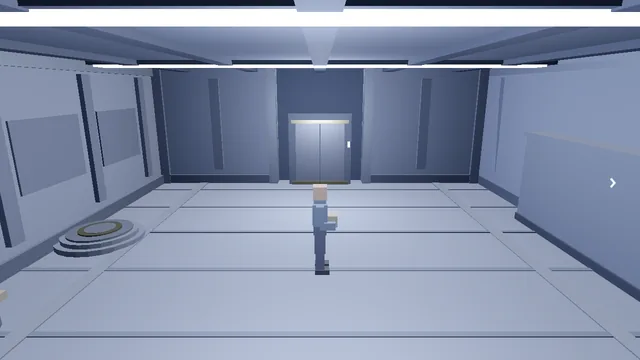 A figure standing alone in a wide empty hold in front of a lift hatch.