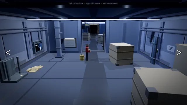 A blue-grey corridor bay with cargo crates and a figure in red overalls at the far end.